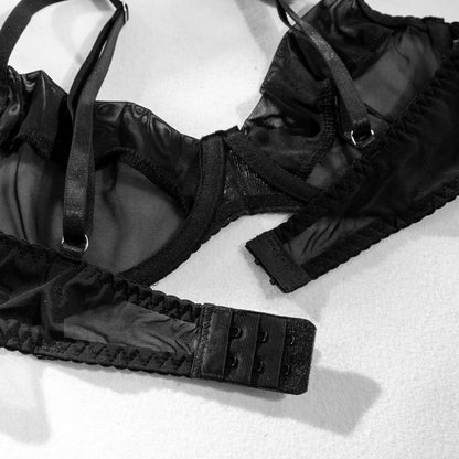 Mesh-Lingerie-Set für Damen, Transparentes Ballkleid-Exotik-Patchwork, Strumpfband-Set, 4-teiliges Schwarzes Sexy Unterwäsche-Set