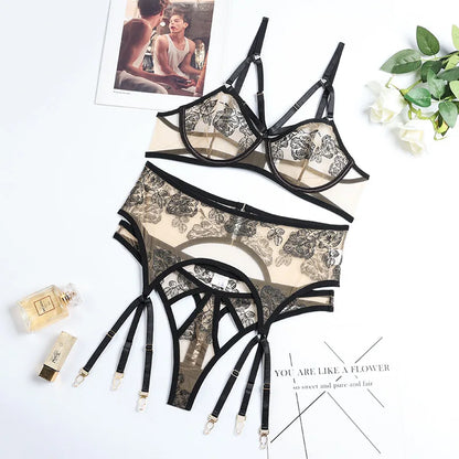 3-teiliges Transparentes Spitzen-BH-Set für Damen, Bandage Sexy Lingerie-Set, Damen Florales Schwarzes Unterwäsche-Set