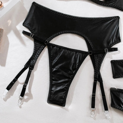 PU-Leder Ausgeschnittenes Lingerie-Set für Damen, Punk-Stil, Sexy BH + Höschen Unterwäsche-Set, Sinnliches Strumpfband-Set