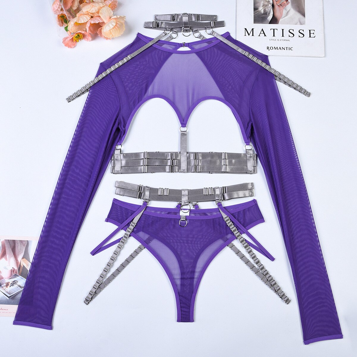 4-piece gothic lingerie set in 11 color variations with a back cutout