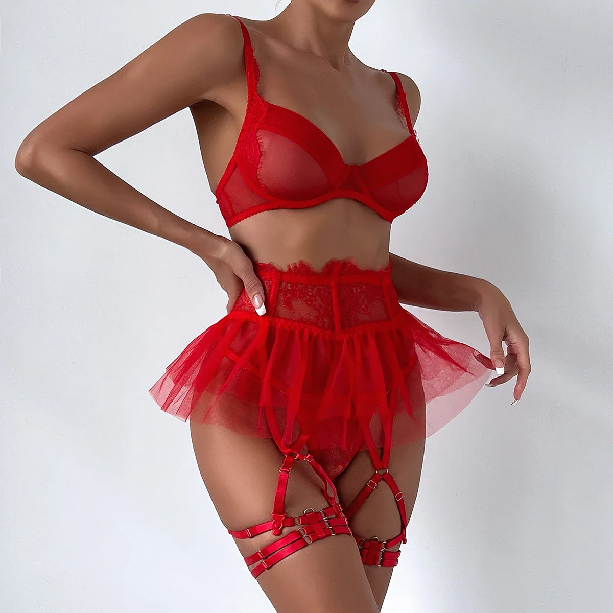 Ensemble de Lingerie en dentelle et maille transparente pour femmes, 4 couleurs, soutien-gorge + culotte, ensemble de sous-vêtements, ensemble de jarretelles érotiques fantaisie et Sexy