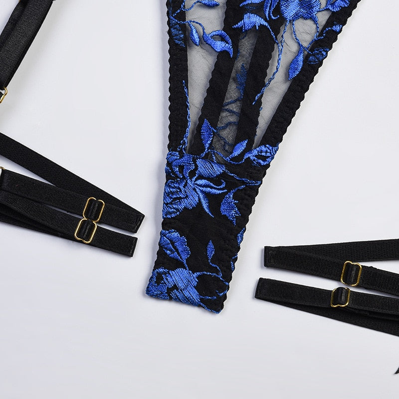 3-teiliges florales Stickerei-Dessous-Set für Damen, Blau, Sexy-Erotik-Set, Vintage Strapsgürtel und Slip