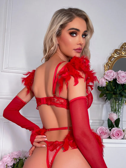 5-teiliges Feder-Luxus-Lingerie-Set für Damen, Ketten-BH-Set, Rot, Party Erotisches Set mit Handschuhen