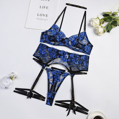 3 Piece Floral Embroidery Lingerie Set for Women Blue Sexy Erotic Set Vintage Suspender Belt and Briefs