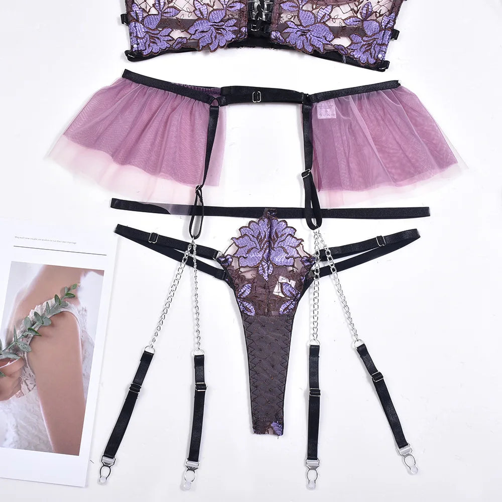 Schulterfreies Florales Stickerei-Lingerie-Set für Damen, Kette Erotisches Set, Luxuriöses Mesh Ballkleid Slip-Set