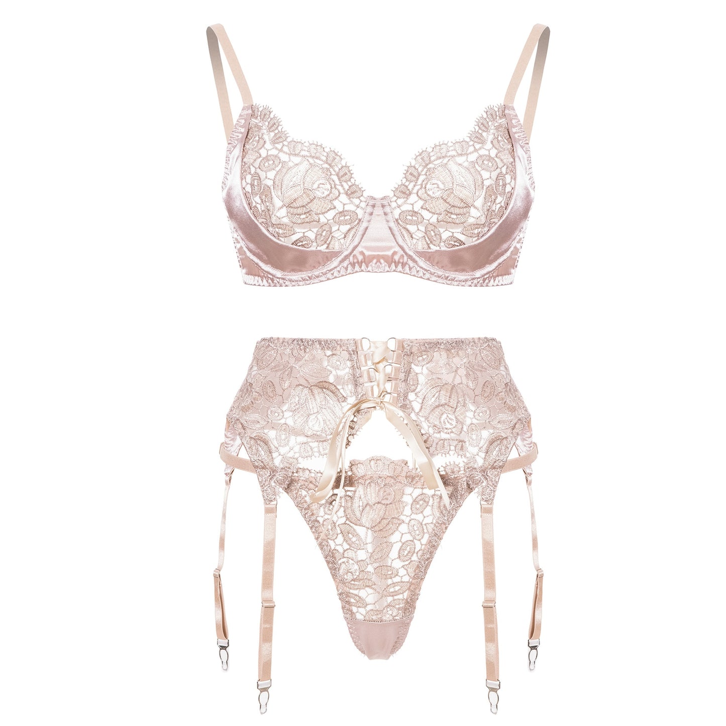 Ensemble de lingerie brodé floral pour femmes, ensemble érotique sexy en patchwork de dentelle 3 pièces avec porte-jarretelles et slips