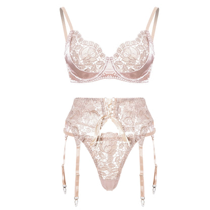 Ensemble de lingerie brodé floral pour femmes, ensemble érotique sexy en patchwork de dentelle 3 pièces avec porte-jarretelles et slips