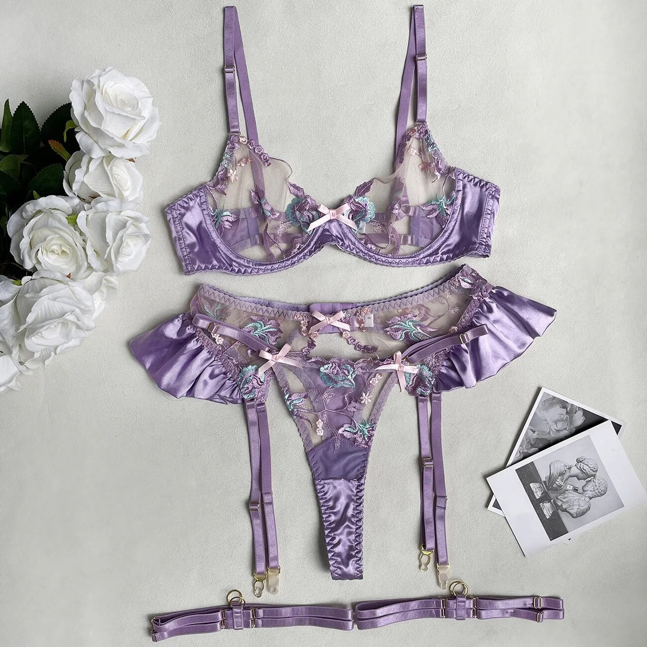 Florales Stickerei-Lingerie-Set für Damen, Elegantes Sexy Durchsichtiges Erotisches BH und Höschen Unterwäsche-Set mit Gerafftem Strumpfband-Set