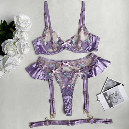 Floral Embroidery Lingerie Set for Women, Elegant Sexy See Through Erotic Bra and Panties Underwear Set with Ruched Garter Set