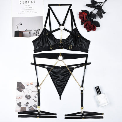 3-piece PU leather lingerie set with black chain strap