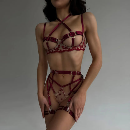 Ensemble de lingerie bandage licou pour femmes, ensemble érotique 4 pièces avec boutons en forme de cœur et ensemble de jarretelles gothiques sexy