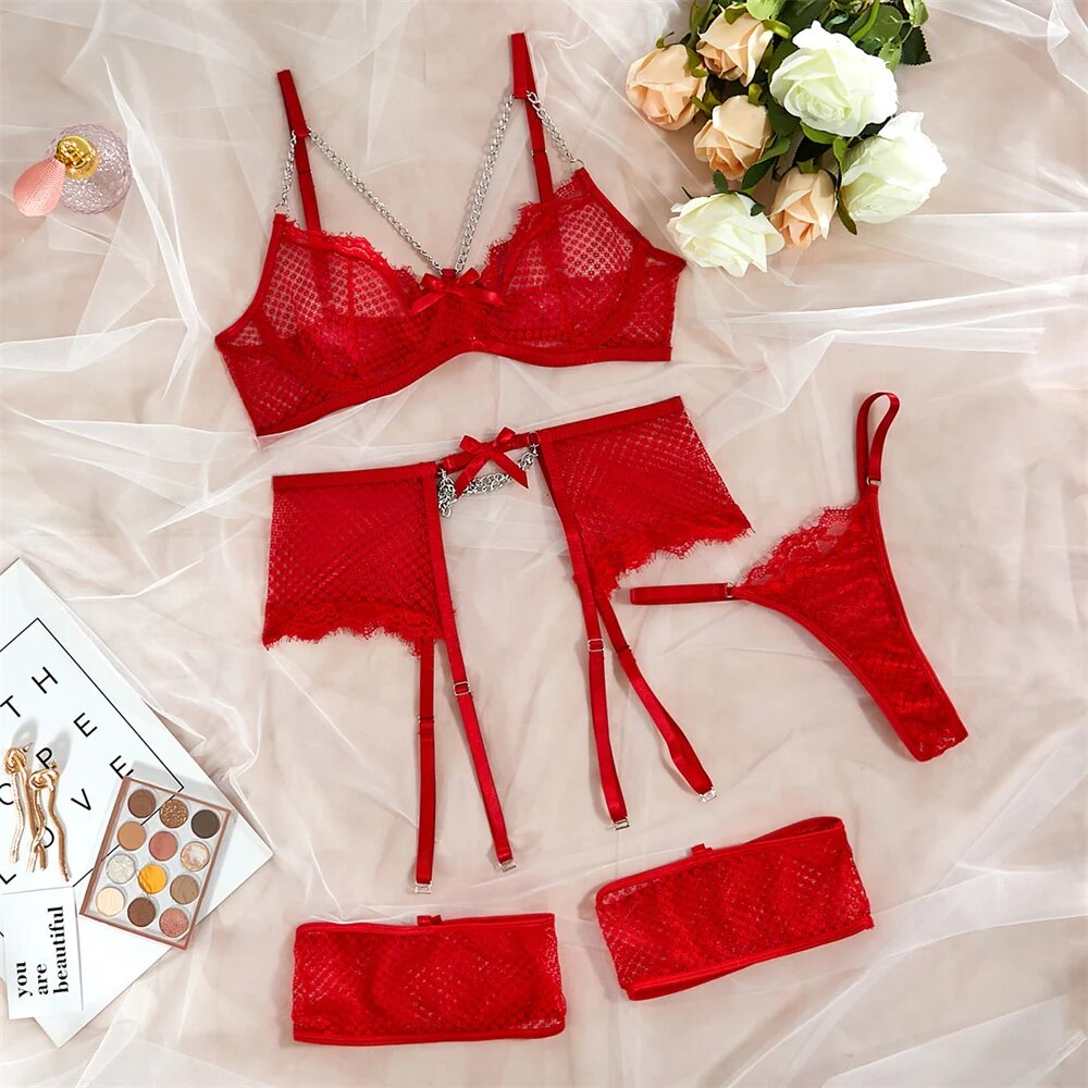 4-teiliges Spitzen-Lingerie-Set für Damen, 12 Farben, Sexy Exotisches Set, Kette, Schleife, Phantasievolles Strumpfband und Slip-Set