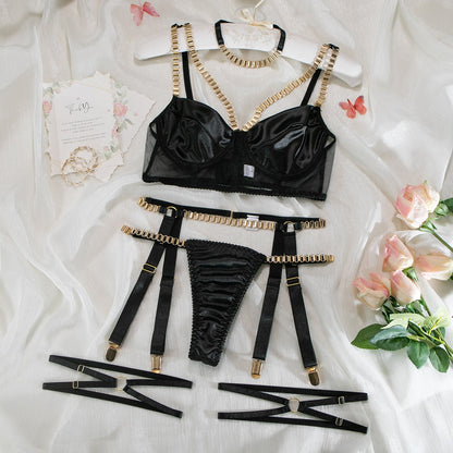 Metal Chain Lingerie Set for Women Choker 4 Colors Suspender Belt Kit Satin Club Underwear Set