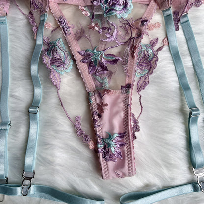 Blumenstickerei Dessous-Set für Damen: Transparenter BH + Slip, Erotisches Strumpfband-Set, Sinnliche Intimitäten