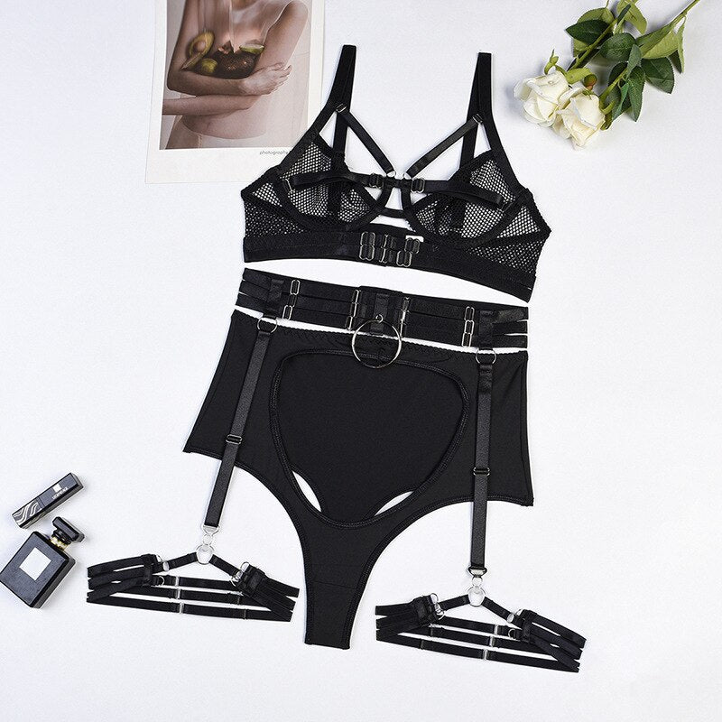 Ensemble exotique gothique transparent 3 pièces pour femme : découpe, bague, bandage, ensemble de lingerie sexy, jarretière noire, slip