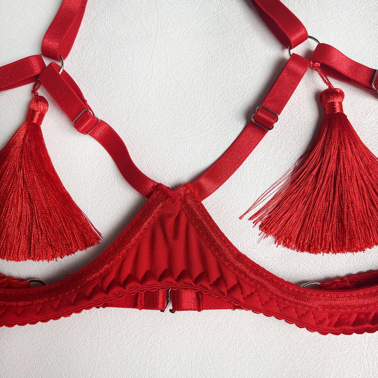 Quasten Dessous-Set für Damen: Halter, Sexy Erotisches Set, Rot/Schwarz, Rückenfreier Slip