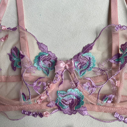 Florales Stickerei-Lingerie-Set für Damen, 5-teilig, Sexy Erotisches Transparentes BH + Höschen Unterwäsche-Set, Sinnliches Strumpfband-Set