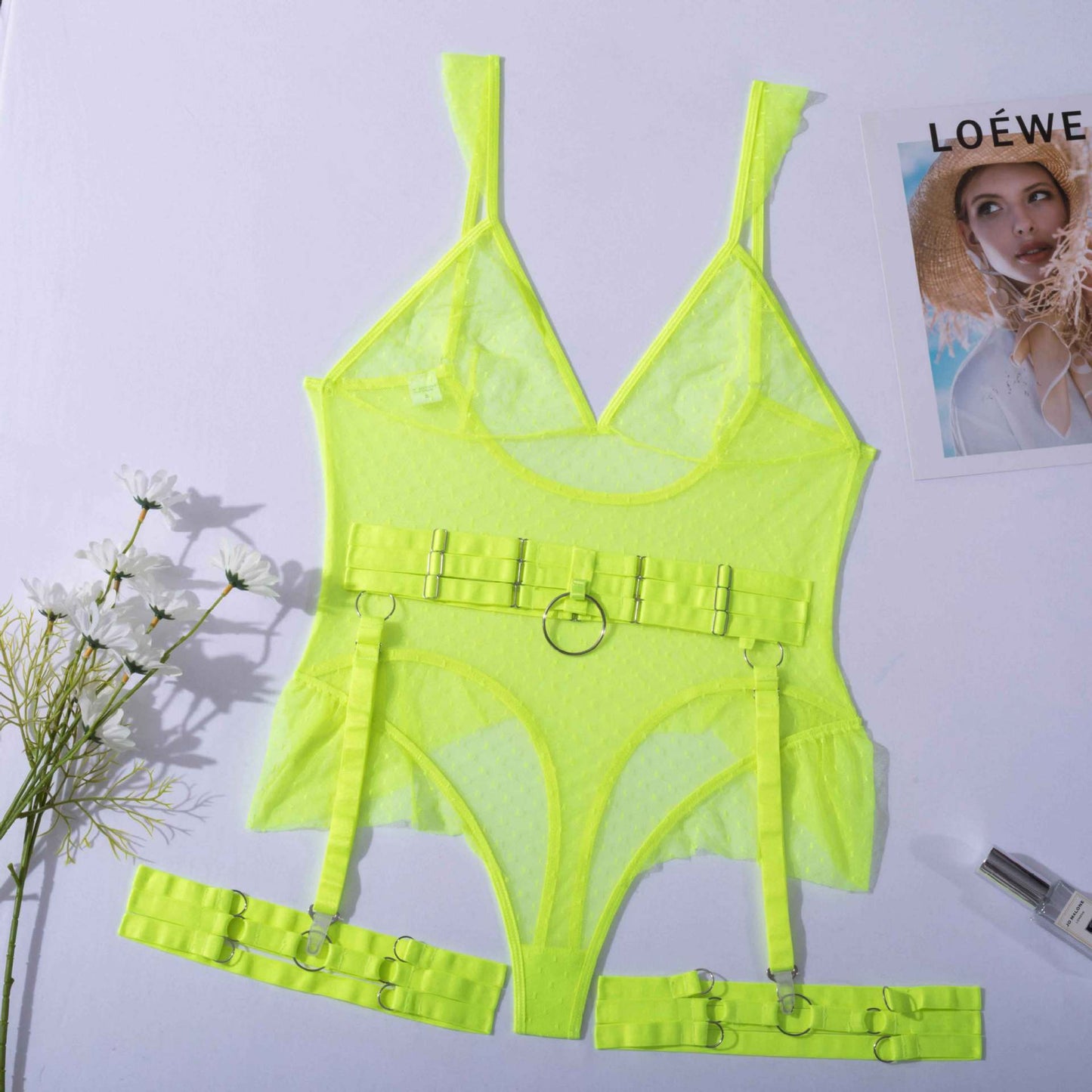 One-piece lace bodysuit with backless design and dot mesh