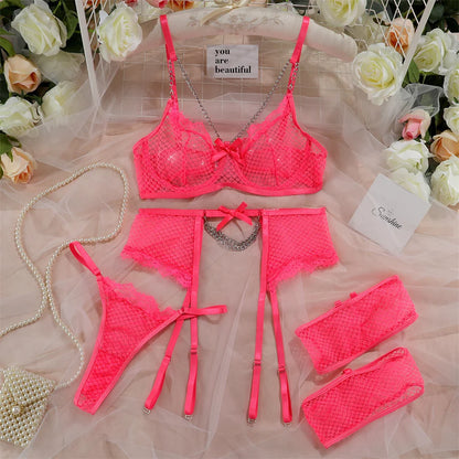 4-teiliges Spitzen-Lingerie-Set für Damen, 12 Farben, Sexy Exotisches Set, Kette, Schleife, Phantasievolles Strumpfband und Slip-Set