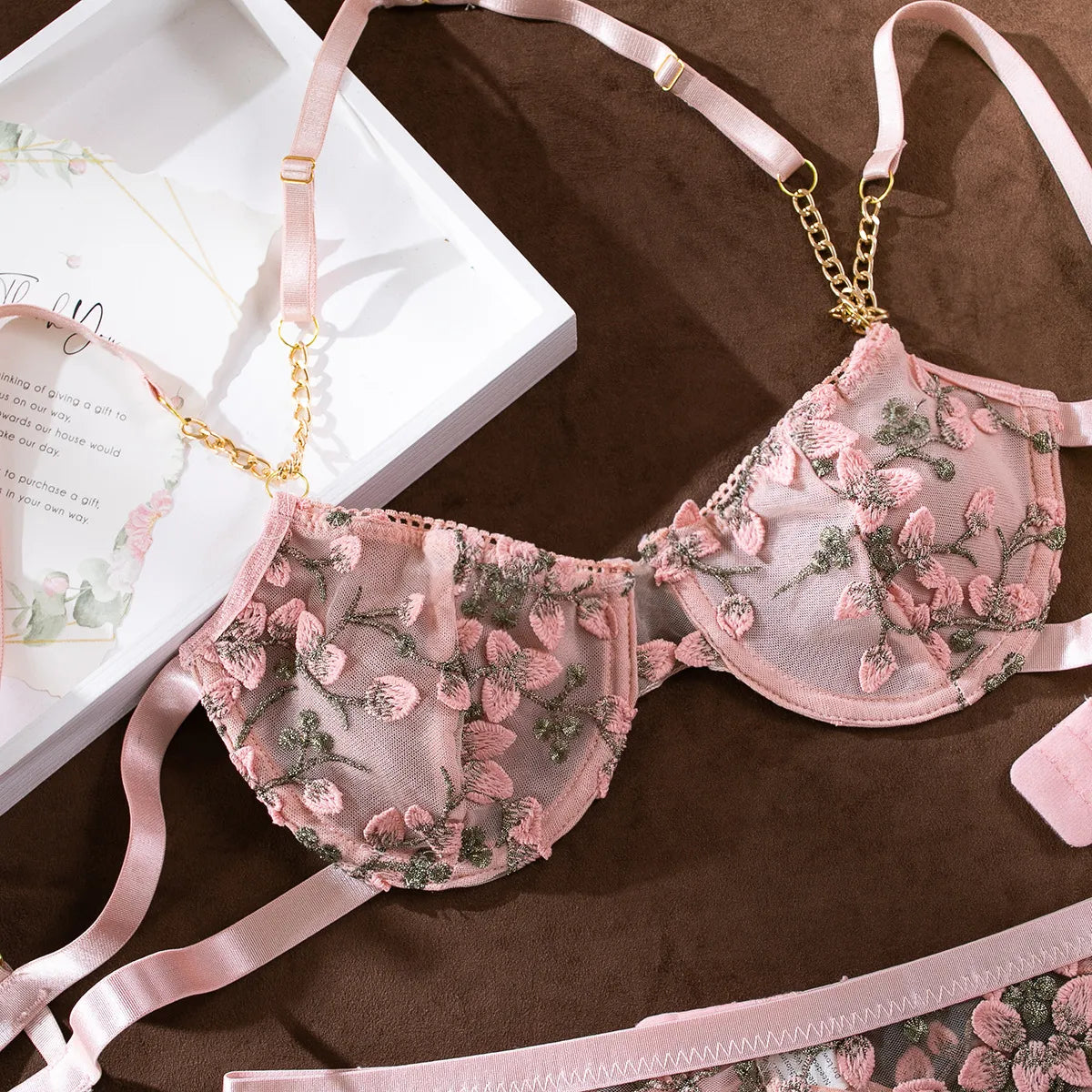 Florales Halter-Ketten-Lingerie-Set für Damen, Sexy BH + Höschen Unterwäsche-Set, Erotisches Set, Sinnliches Strumpfband-Set