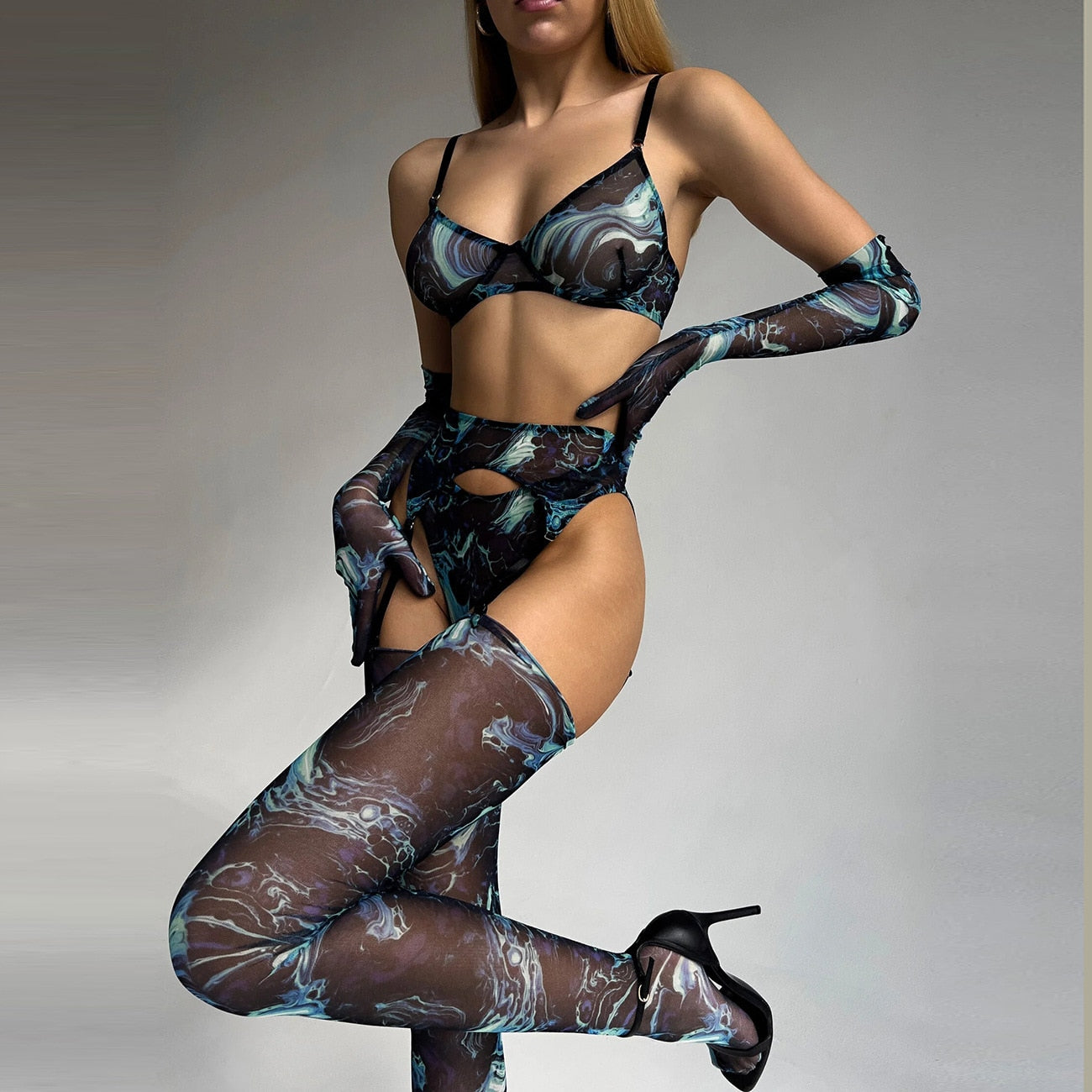 Tie Dye Print Lingerie - Ensemble érotique 5 pièces avec jarretière, gants et bas