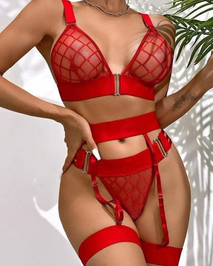 Women's Plaid Lingerie Set in 3 Colors, Sexy See Through Erotic V-Neck Wireless Bra Underwear Set with Garter Briefs