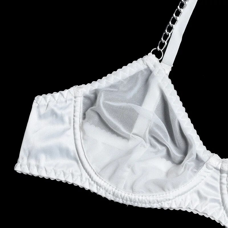 Women's 3 Piece Mesh Bra Set Chain White Transparent Lingerie Set Panties and Garter Underwear Set