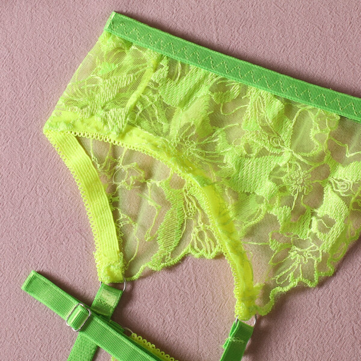 Florales Stickerei-Dessous-Set für Damen, 3-teilig, Neon-Grün, modisches Sexy-Erotik-Set, Strapsgürtel und Slip