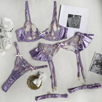 Florales Stickerei-Lingerie-Set für Damen, Elegantes Sexy Durchsichtiges Erotisches BH und Höschen Unterwäsche-Set mit Gerafftem Strumpfband-Set