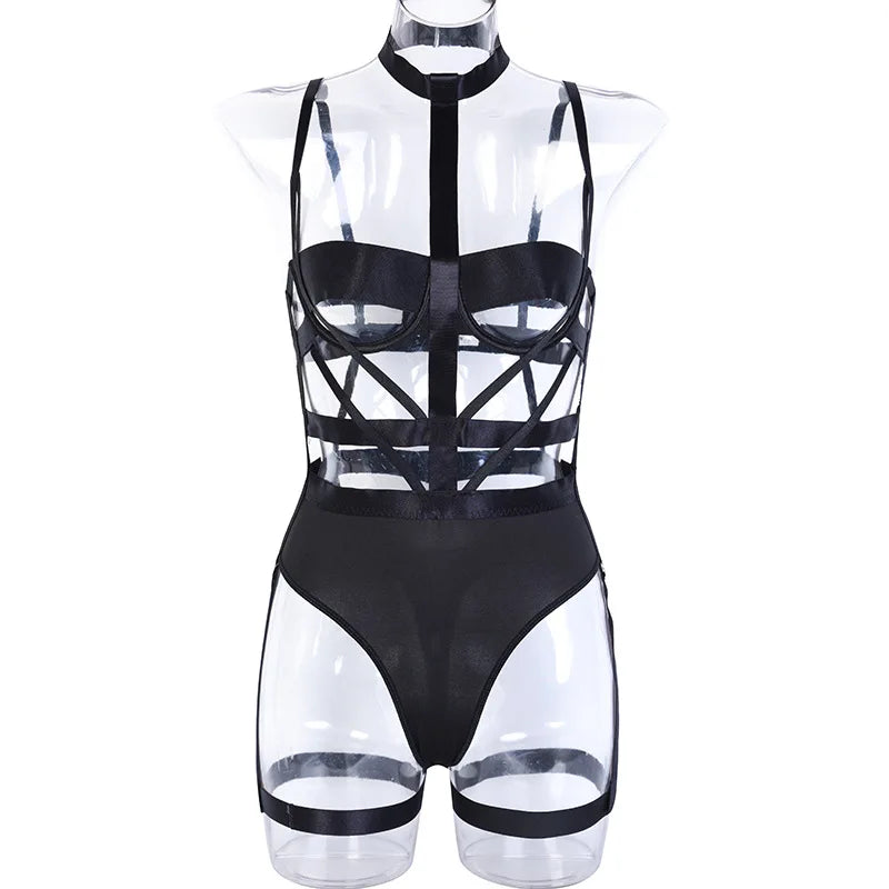 Bandage-Bodysuit für Damen, Ausgeschnittener, Schwarzer, Durchbrochener, Eng anliegender Bodysuit, Clubwear, Sexy Bodysuit, Body Femme