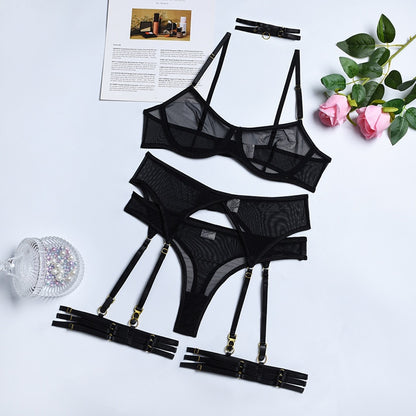 Ensemble soutien-gorge en dentelle 4 pièces en 8 couleurs avec culotte en maille transparente