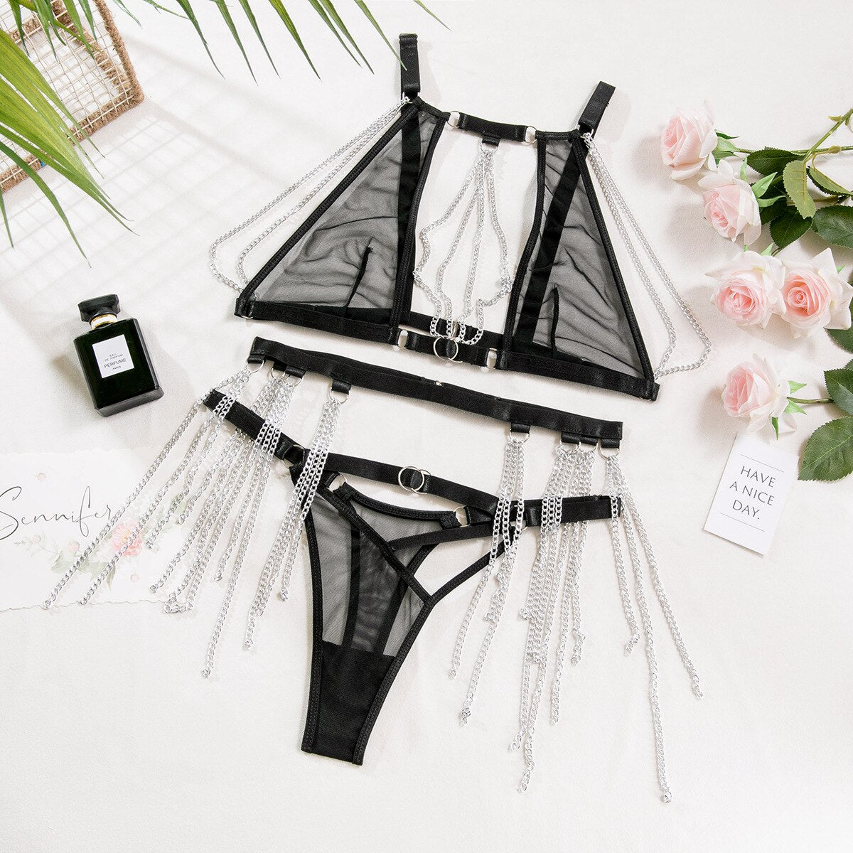 Women's Wireless Lingerie Set: Solid Color Chain Bra + Briefs Underwear Set Black Sexy Intimates