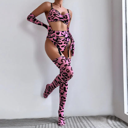 Leopard Print Lingerie Set for Women, 5 Piece Sensual Bra + Panties Underwear Set with Stockings and Gloves, Sexy Erotic Set