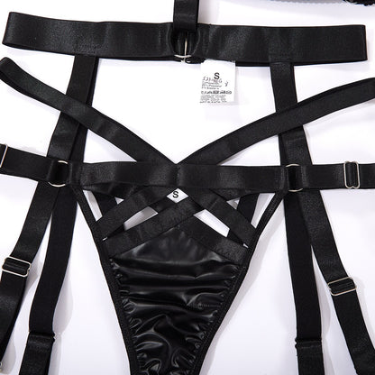 PU-Leder Dessous-Set im Gothic-Stil mit Halter und rückenfreiem Höschen