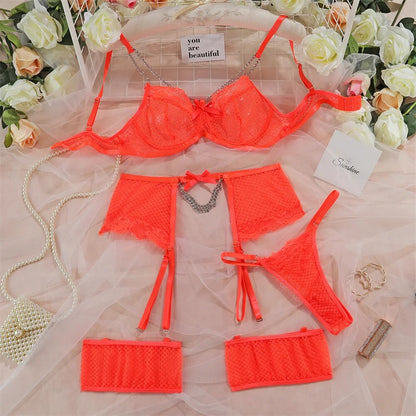 Ensemble de lingerie en dentelle 4 pièces pour femmes, ensemble exotique sexy 12 couleurs, chaîne, nœud, jarretière fantaisie et slip