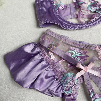 Florales Stickerei-Lingerie-Set für Damen, Elegantes Sexy Durchsichtiges Erotisches BH und Höschen Unterwäsche-Set mit Gerafftem Strumpfband-Set