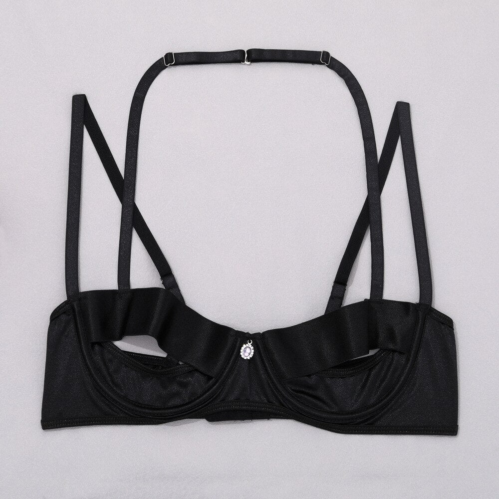 Cut-Out Dessous für Damen mit Halter-BH + String Unterwäsche-Set, Schwarzes Sexy Bandage Strumpfband, Erotisches Ensemble