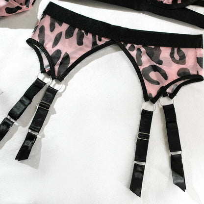 Leopardenmuster Ausgeschnittener BH + String Unterwäsche-Set für Damen, Sexy Erotisches Lingerie-Set, Sinnliches Phantasievolles Strümpfe Strumpfband-Set