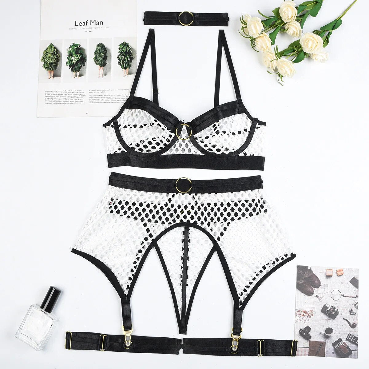 Kontrastfarbenes Mesh-Sheer Erotisches Dessous-Set mit Halsreif, 5-teiliges BH, Tanga und Strumpfband Unterwäsche-Set