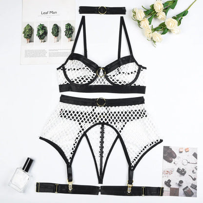 Contrast Mesh Sheer Erotic Lingerie Set with Choker, 5 Piece Bra, Thong and Garter Underwear Set