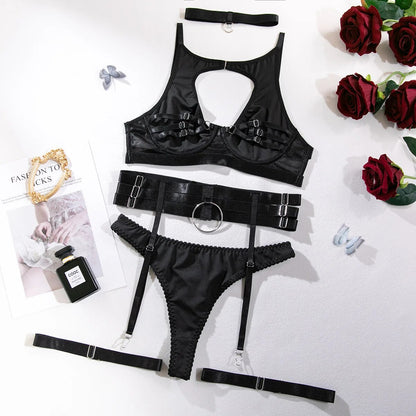 Choker-Bandage-Lingerie-Set für Damen, Schwarzes Ausgeschnittenes Erotisches Intimates BH + Höschen Unterwäsche-Set mit Strumpfband-Set