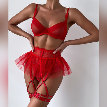 Ensemble de Lingerie en dentelle et maille transparente pour femmes, 4 couleurs, soutien-gorge + culotte, ensemble de sous-vêtements, ensemble de jarretelles érotiques fantaisie et Sexy