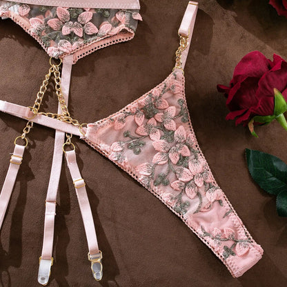 Florales Halter-Ketten-Lingerie-Set für Damen, Sexy BH + Höschen Unterwäsche-Set, Erotisches Set, Sinnliches Strumpfband-Set