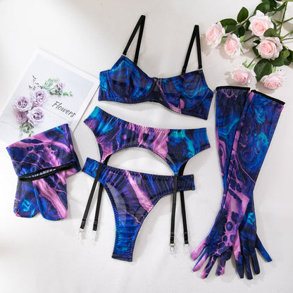 Tie Dye Print Lingerie - Ensemble érotique 5 pièces avec jarretière, gants et bas