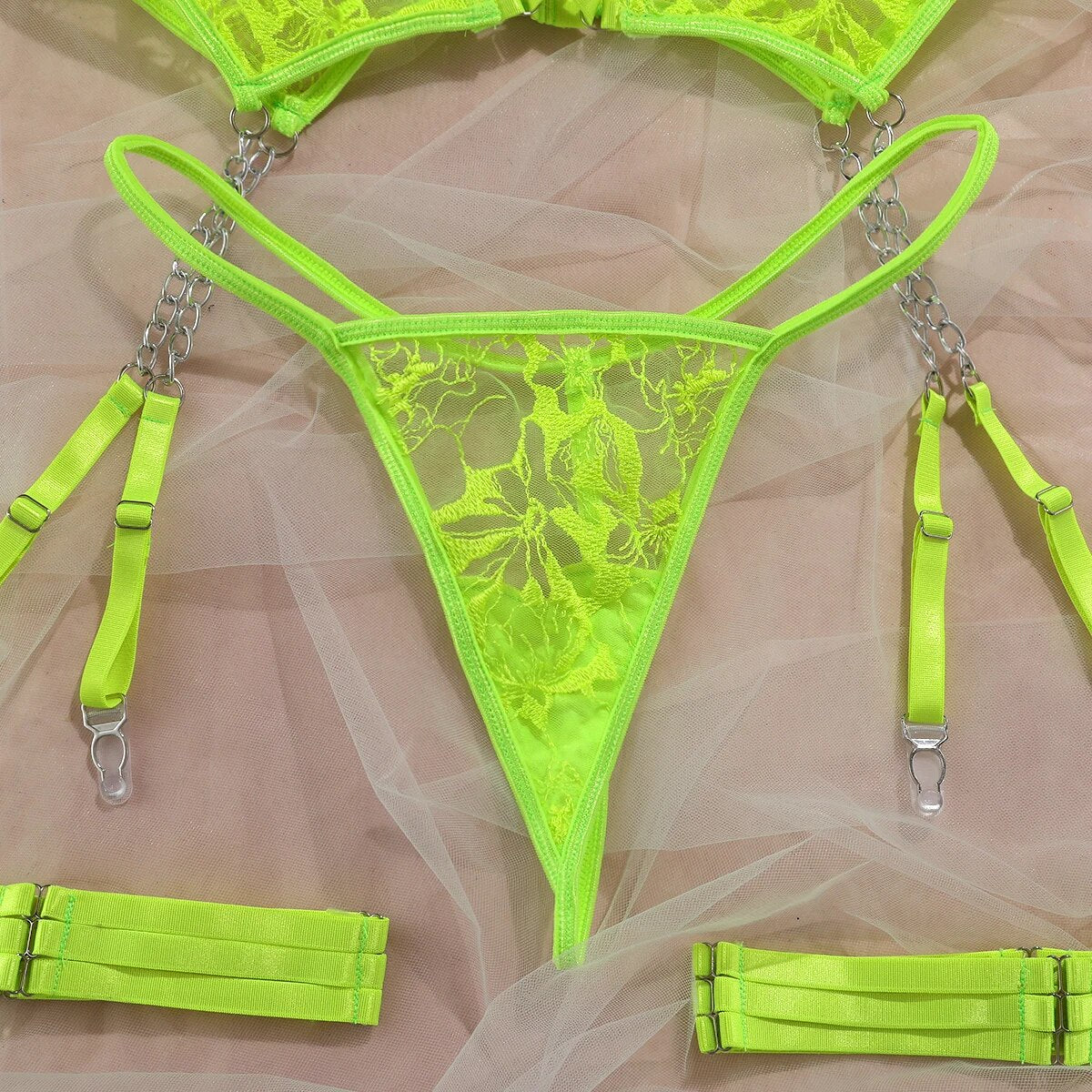 3-teiliges Stickerei-Lingerie-Set für Damen, 4 Farben Transparente Exotische Sets, Kette, Sexy Strumpfband G-String-Set