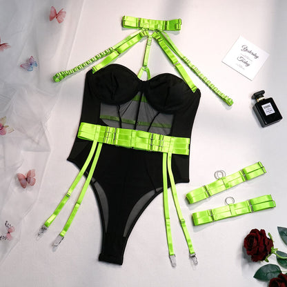 Schulterfreier Sexy Bodysuit mit Kontrastfarbe und Halter-Bandage-Design Velure Intimates