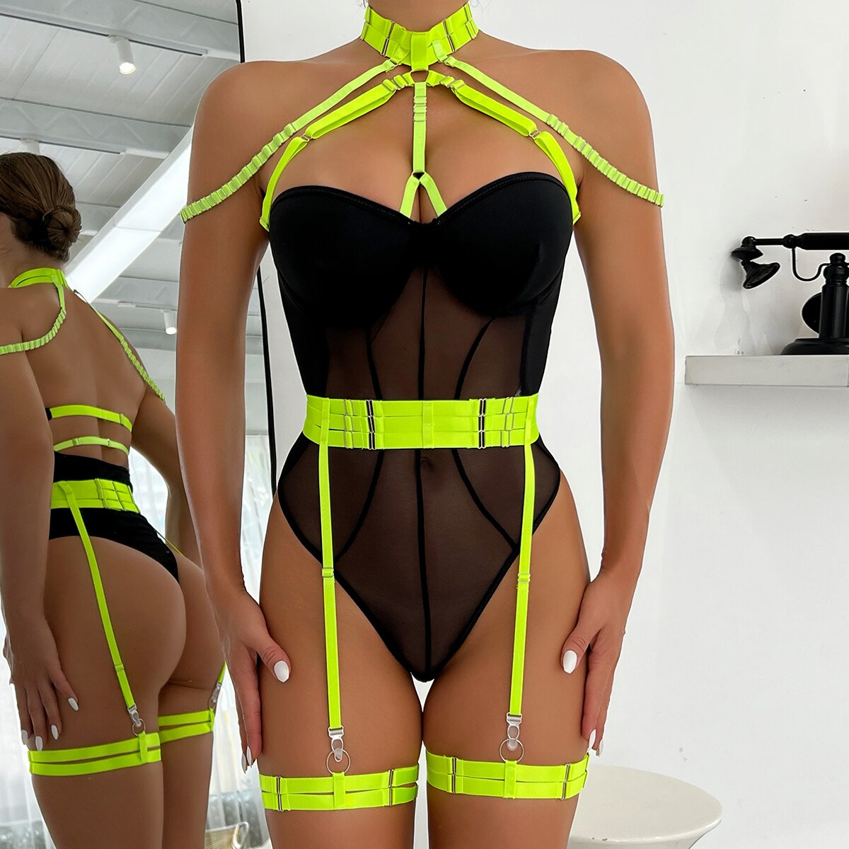 Schulterfreier Sexy Bodysuit mit Kontrastfarbe und Halter-Bandage-Design Velure Intimates