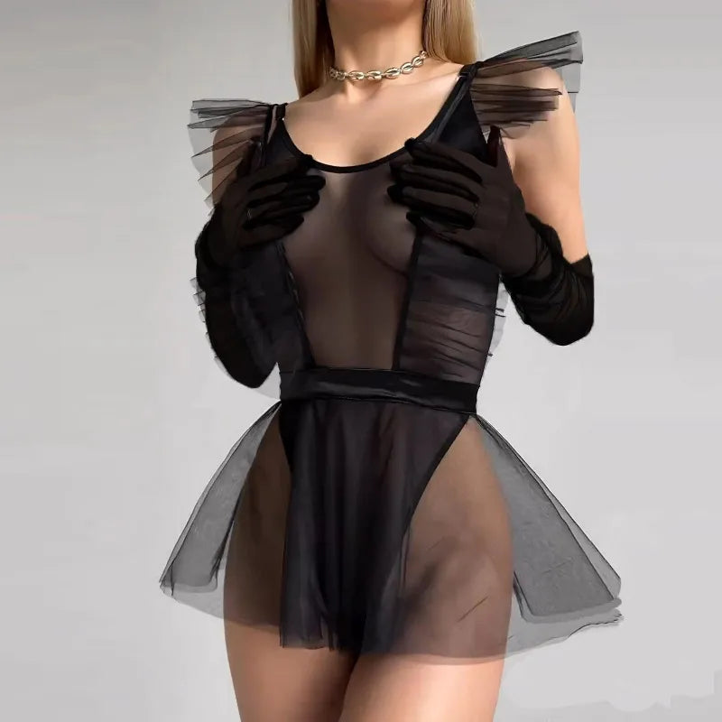 Rückenfreier Transparenter Mesh-Bodysuit für Damen, 3-teiliges Rüschen-Schleifen-Set in 4 Farben, Sexy Skinny Bodysuit, Body Femme