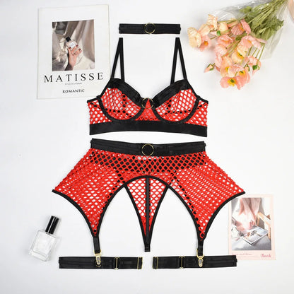 Contrast Mesh Sheer Erotic Lingerie Set with Choker, 5 Piece Bra, Thong and Garter Underwear Set