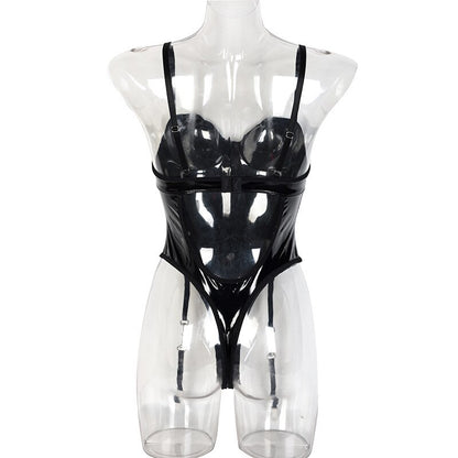 PU leather bodysuit in motor style - seductive V-neck and backless, body femme for the club